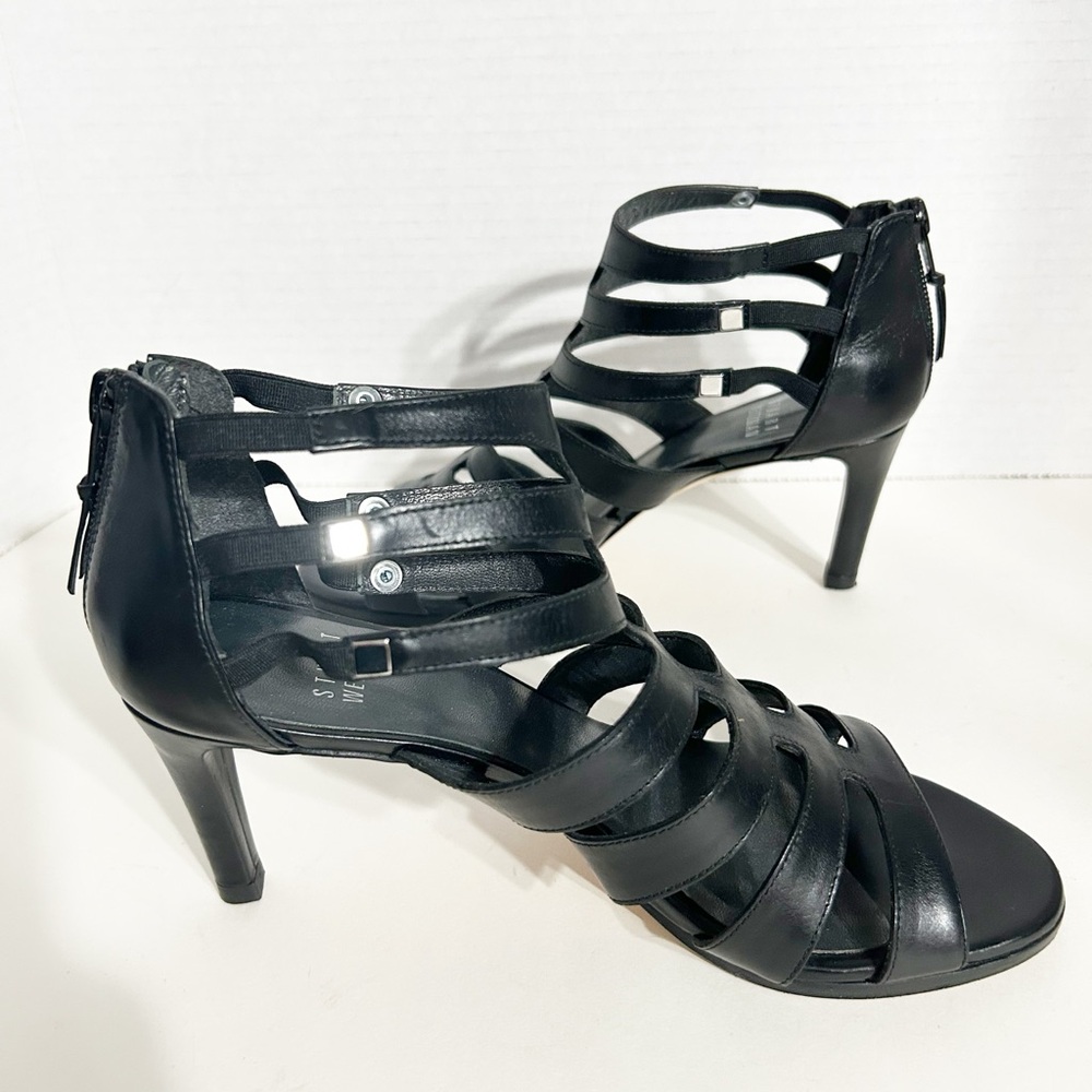 Stuart Weitzman Strappy 🖤 Leather Gladiator Type Sandals Zip Heel Leather Sole - Picture 5 of 14